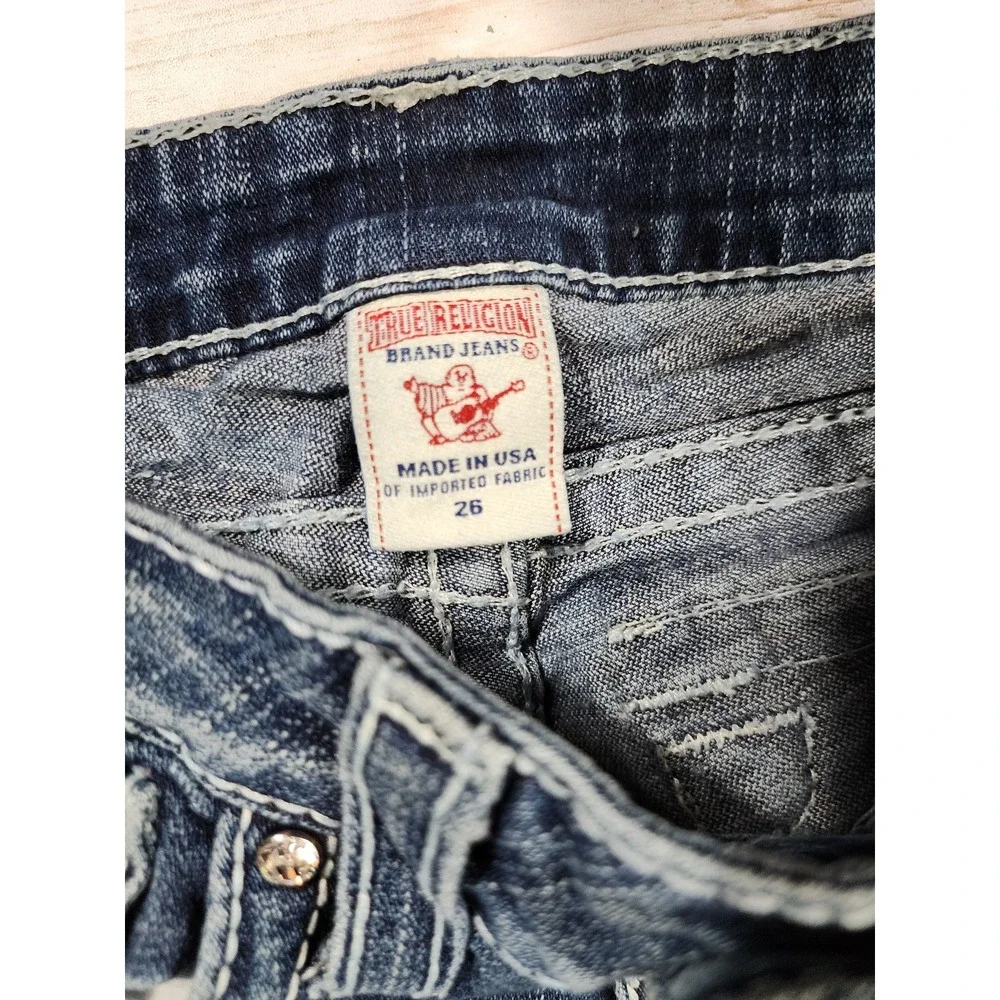 True‎ Religion Blue Bootcut Distressed Embellished Pockets High Rise Jeans Sz 26